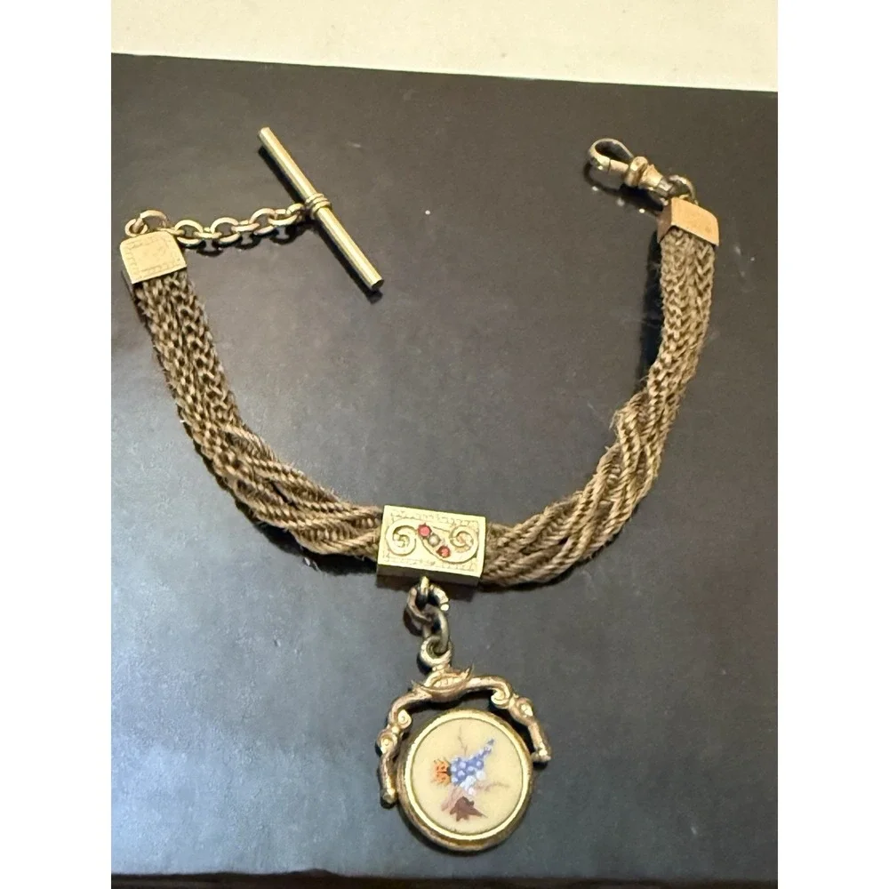 Antique Victorian Woven‎ Hair Pocket Watch Chain  Gold Filled Jewelry Mourning